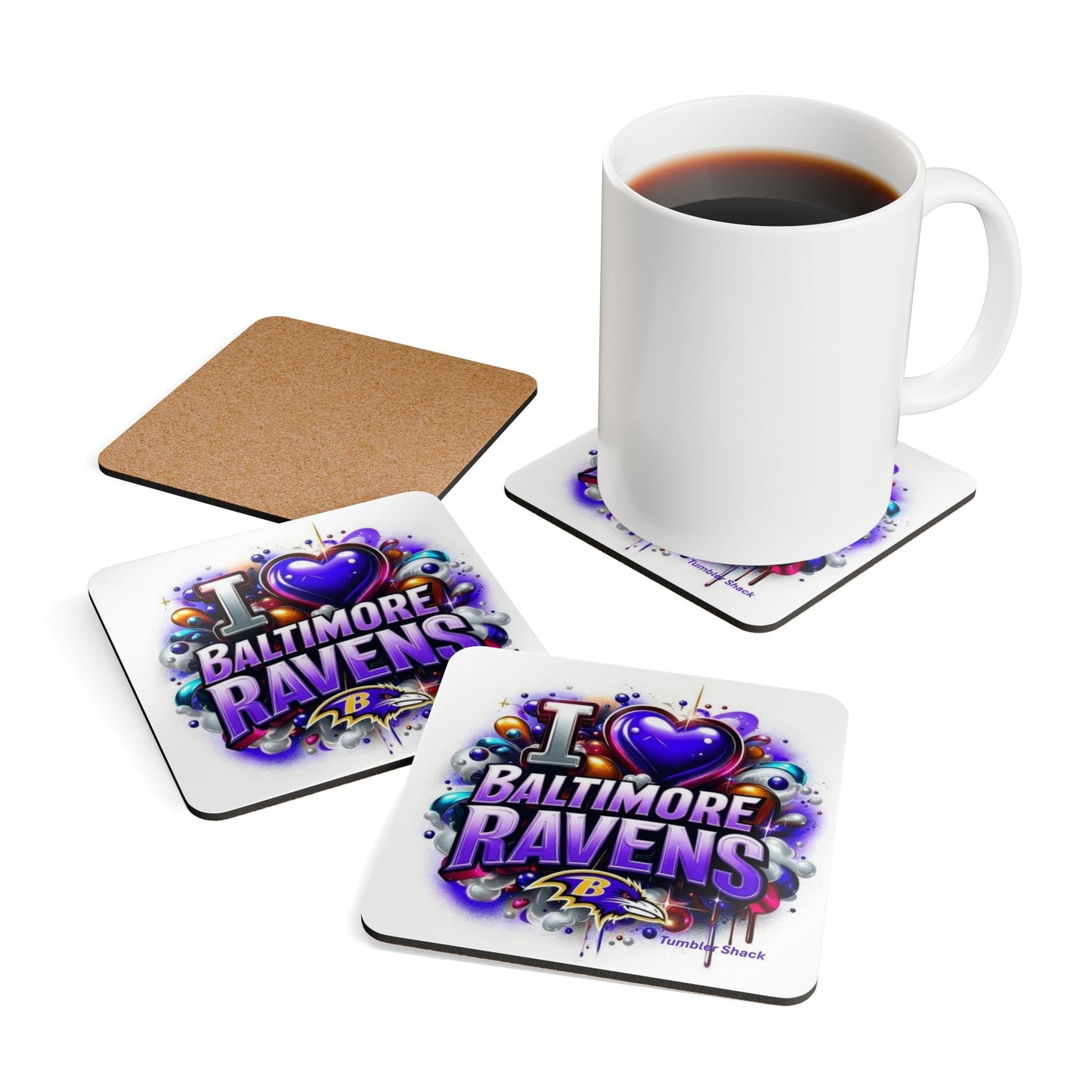 Baltimore Ravens Cork Coaster Set — "I Baltimore Ravens" Purple Team Drink Coasters (4-Pack)