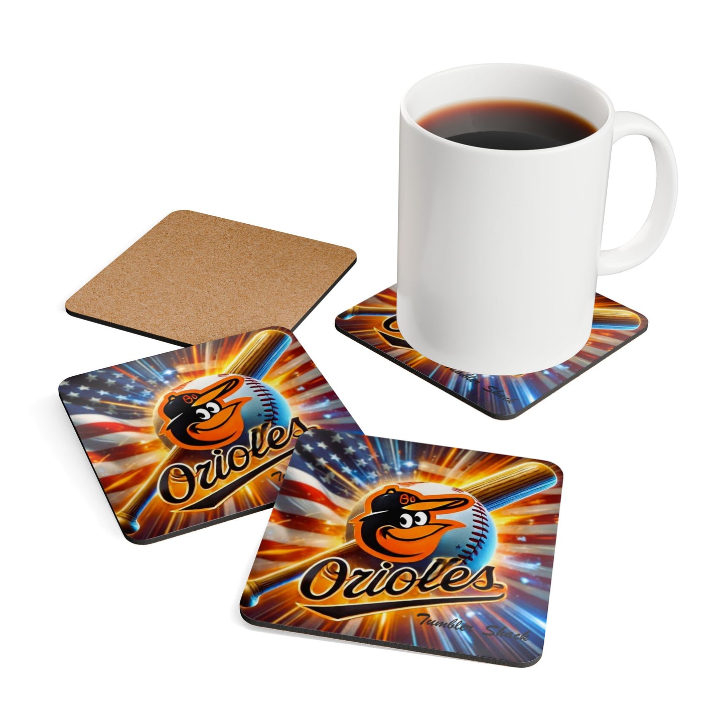 Orioles Baseball Cork Coaster Set — Patriotic Team Logo Drink Coasters (4-Pack)