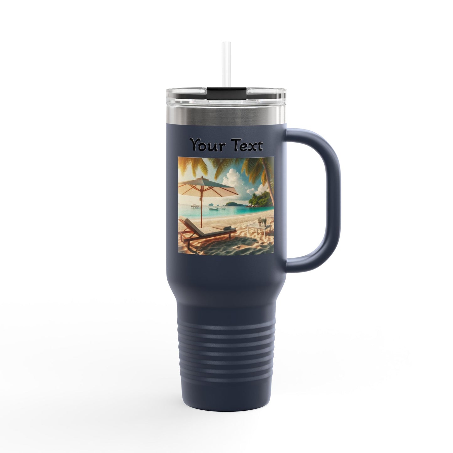 40oz Insulated Travel Mug — Tropical Beach Design (Customizable "Your Text")