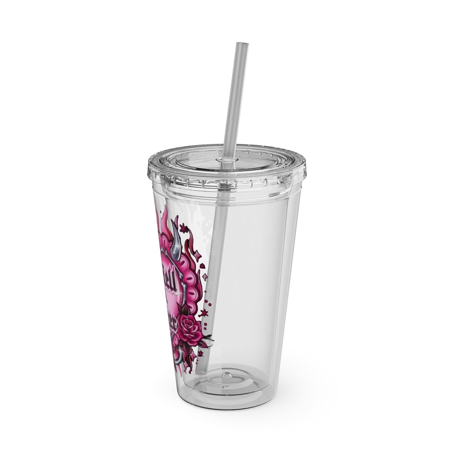16oz Tumbler with Straw — 'One Hell of a Mother' Pink Flame Heart Design