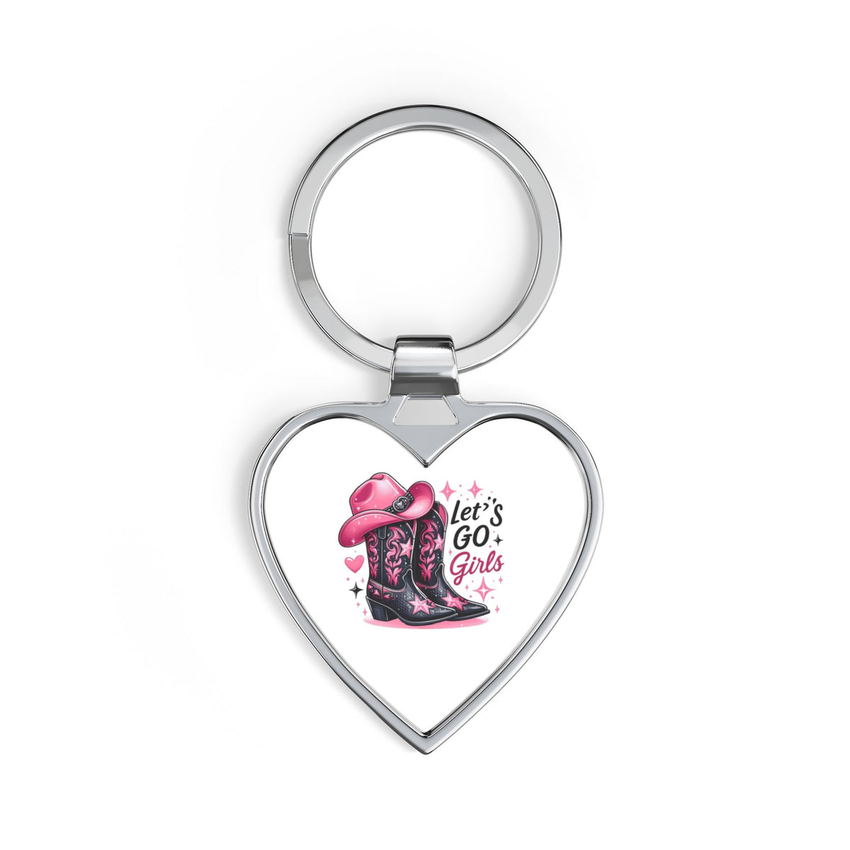 Heart Keychain — Pink Cowgirl Boots "Let's Go Girls" Heart Keyring (Bachelorette, Girlfriend Gift)