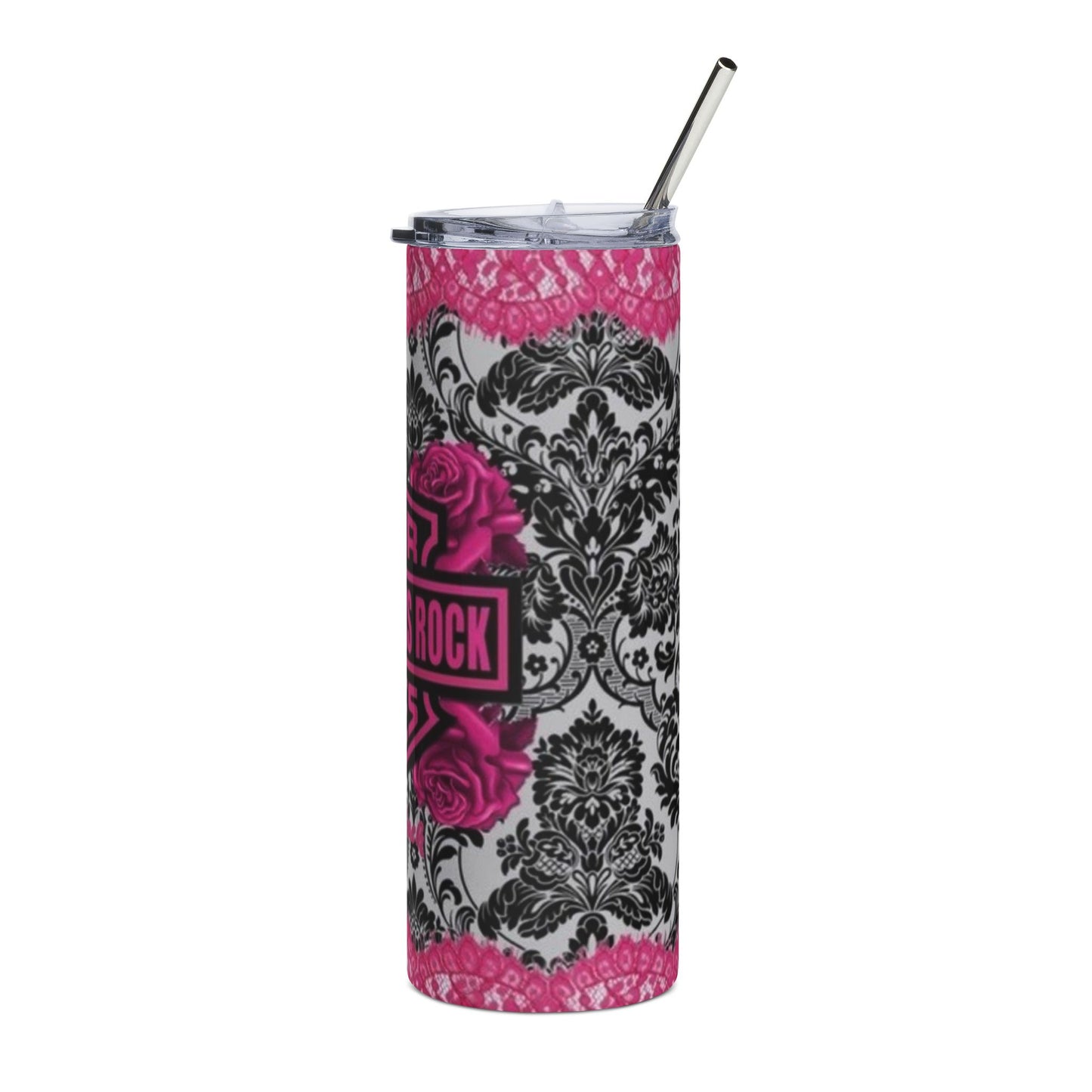 20oz Stainless Tumbler — Pink 'Harley Chicks Rock' Motorcycle Design