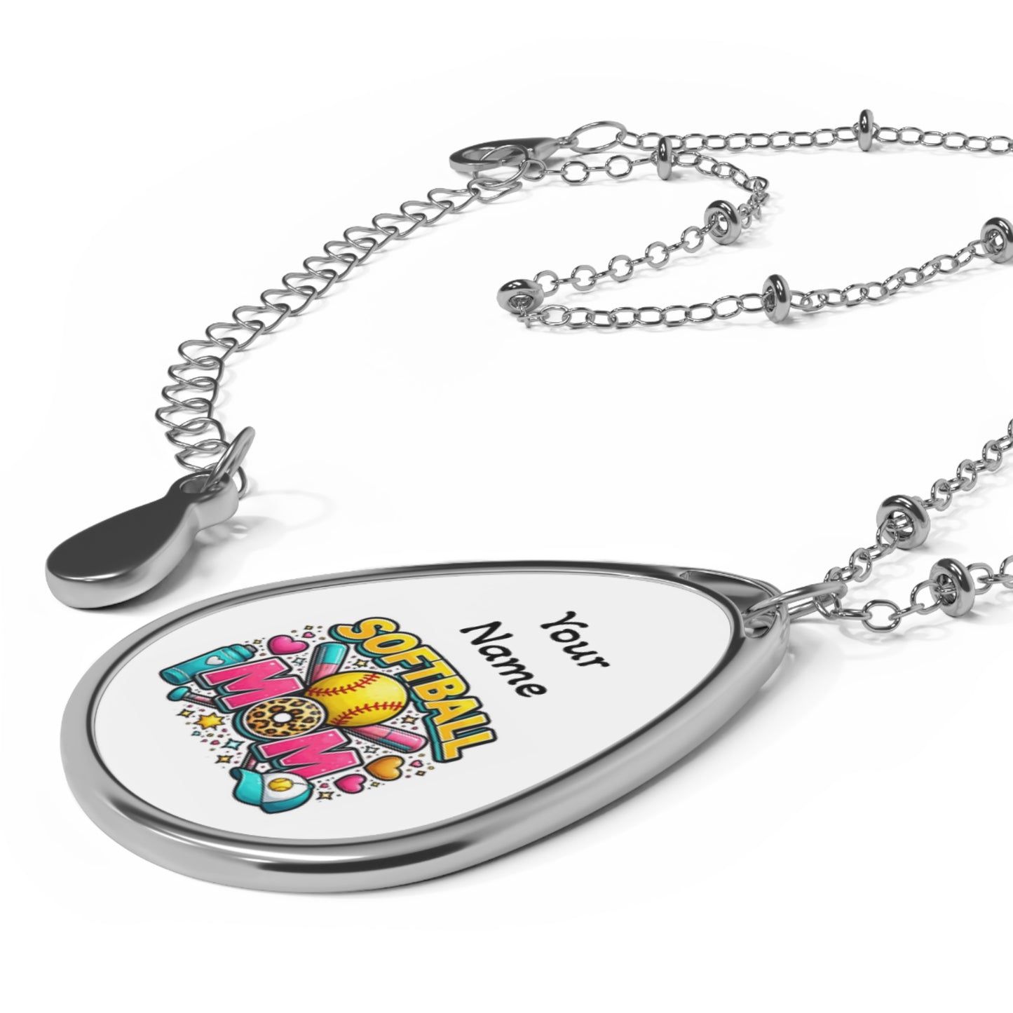 Personalized Softball Mom Oval Necklace — Custom Name Teardrop Pendant