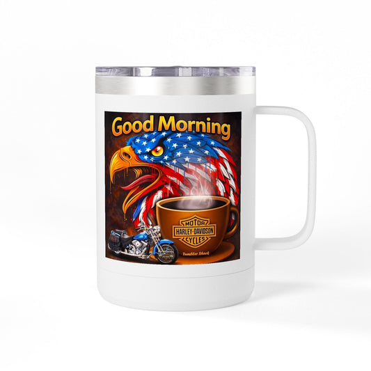 Good Morning Eagle Coffee Mug Tumbler – Patriotic American Flag Eagle with Harley Cup, 15oz