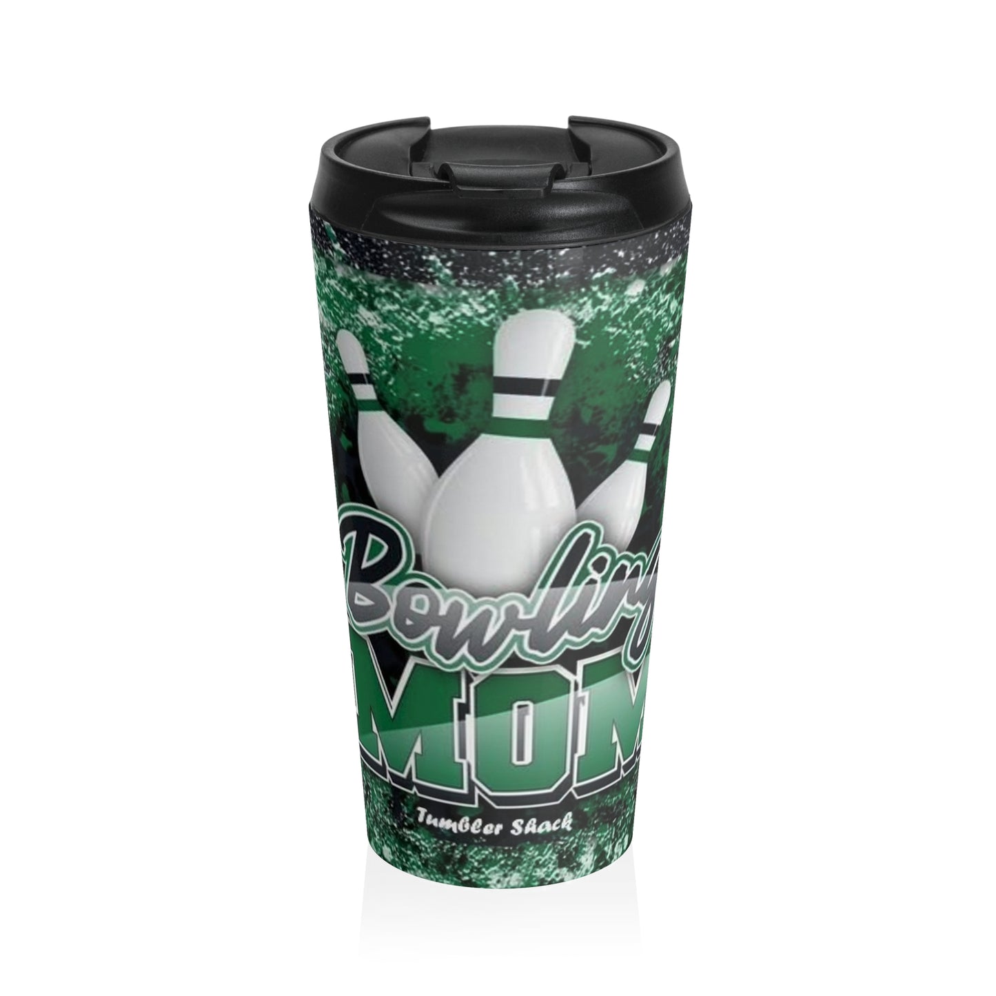 Bowling Mom Stainless Steel Travel Mug — Bowling Pins & Green Glitter Design