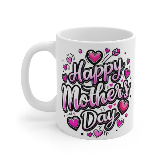 Personalizable Mother's Day Mug 11oz — Pink Heart "Happy Mother's Day" Ceramic Coffee Cup