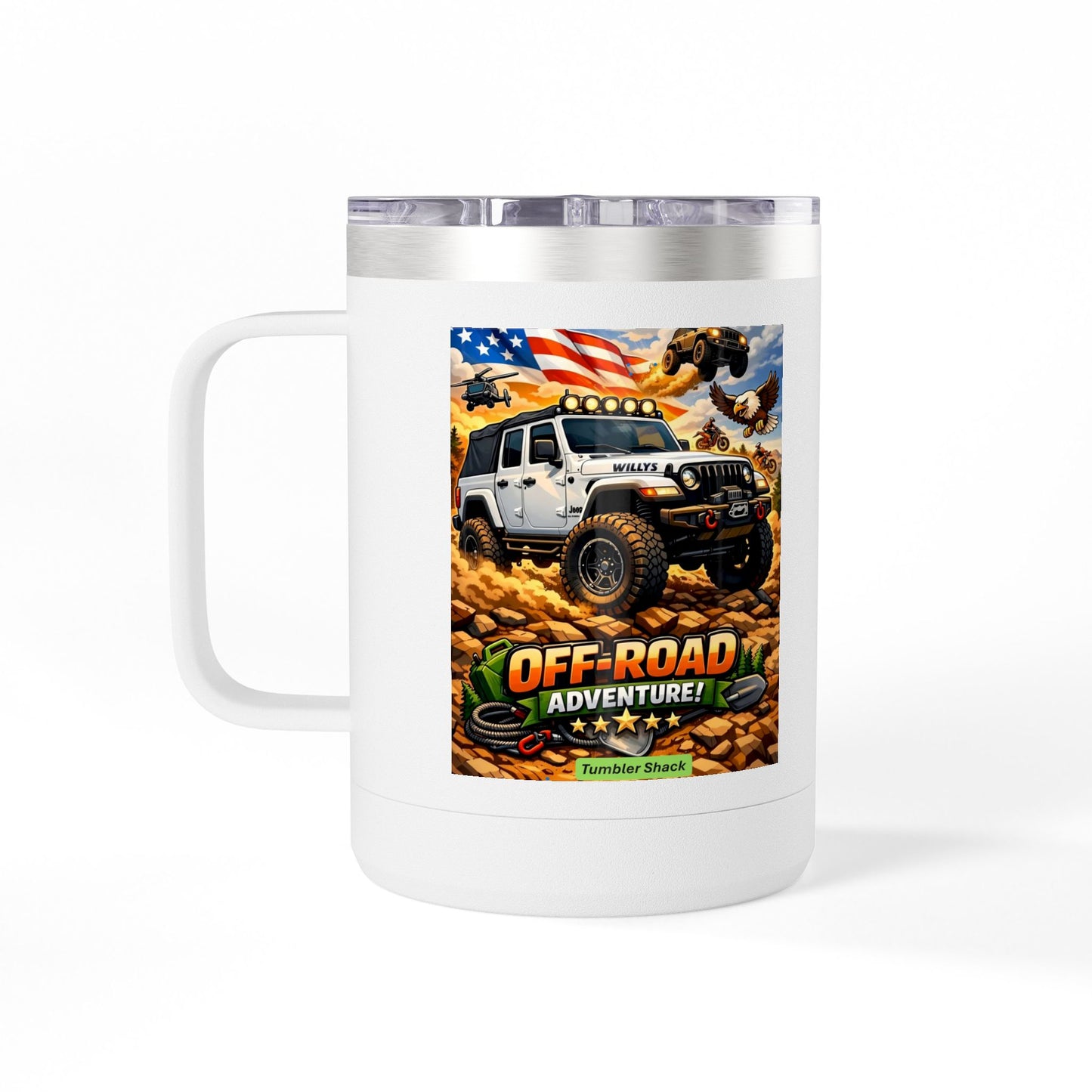 Off‑Road Adventure 15oz Tumbler Mug — Jeep 4x4 Coffee Travel Cup