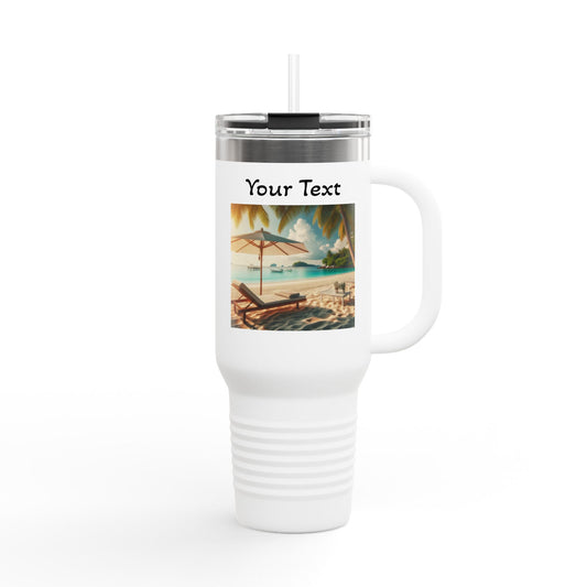 40oz Insulated Travel Mug — Tropical Beach Design (Customizable "Your Text")