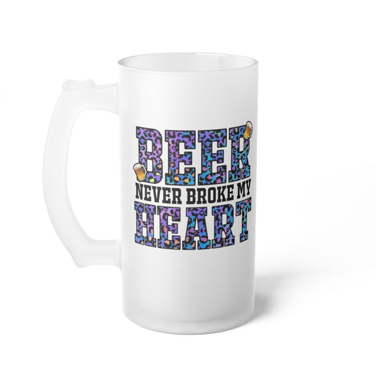 Frosted Glass Beer Mug – “Beer Never Hurt” Colorful Leopard Text Design