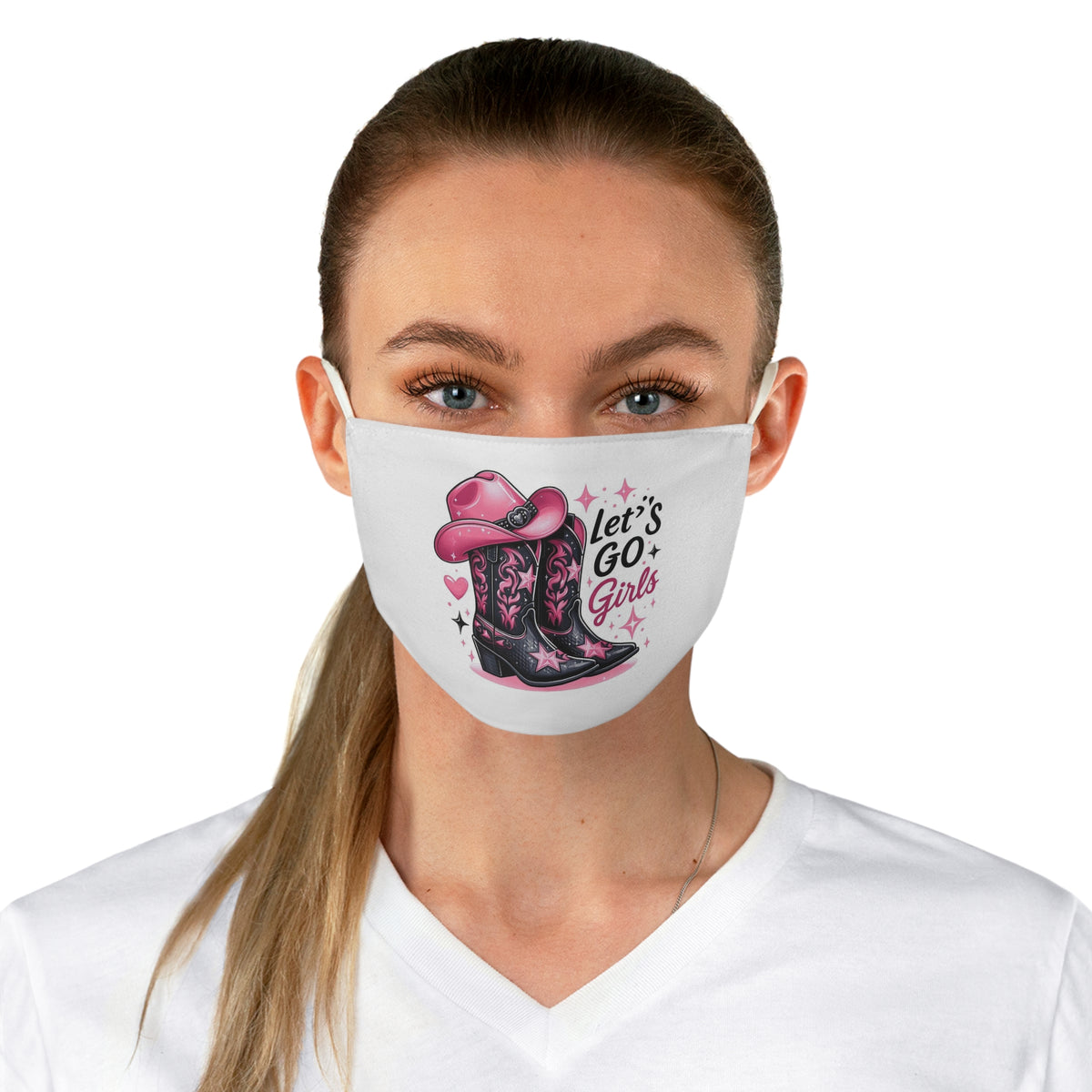 Cowgirl Face Mask — “Let’s Go Girls” Pink Cowboy Boots & Hat Design
