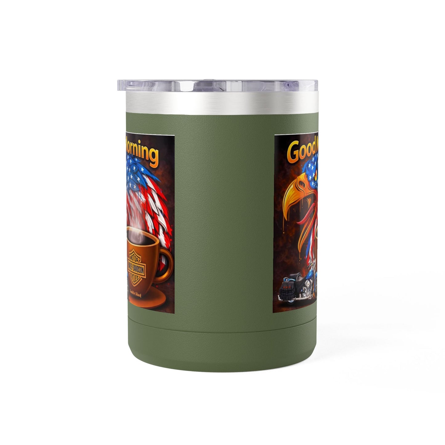 Good Morning Eagle Coffee Mug Tumbler – Patriotic American Flag Eagle with Harley Cup, 15oz