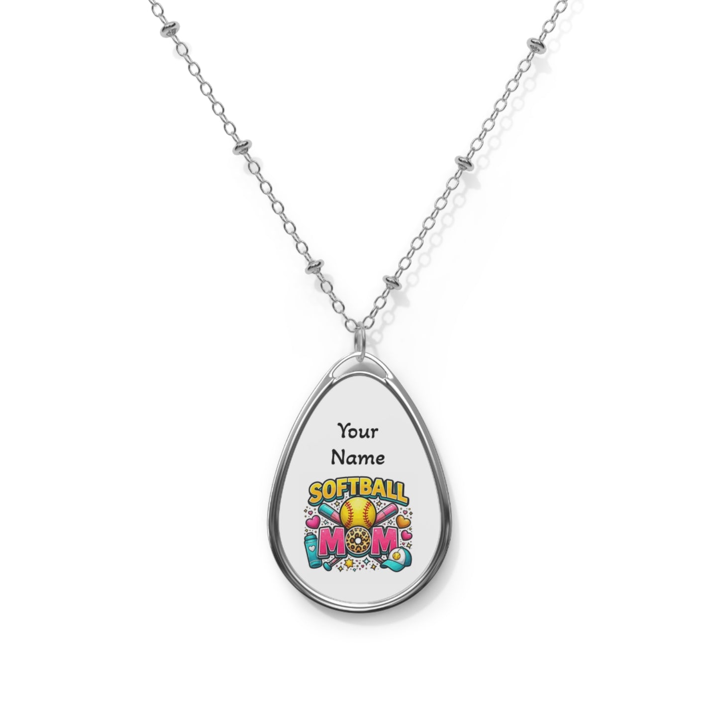 Personalized Softball Mom Oval Necklace — Custom Name Teardrop Pendant