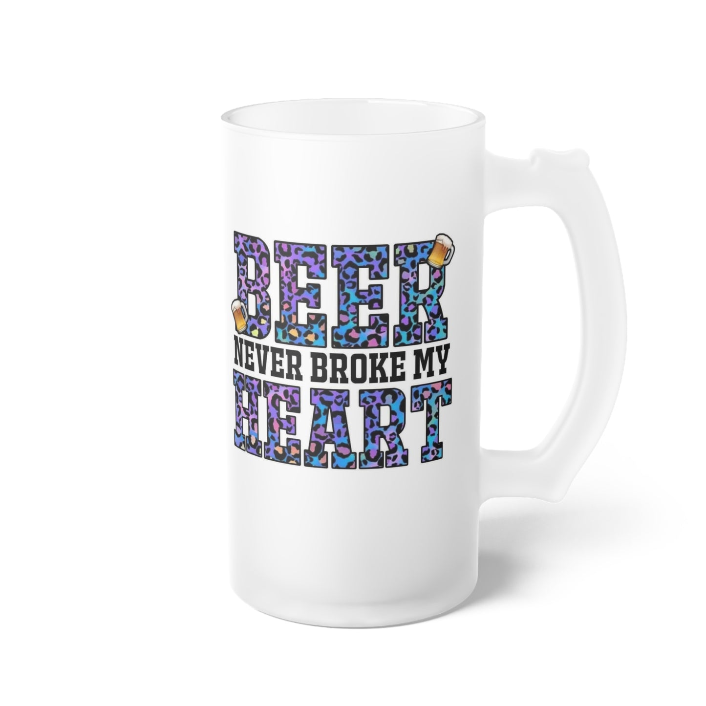 Frosted Glass Beer Mug – “Beer Never Hurt” Colorful Leopard Text Design