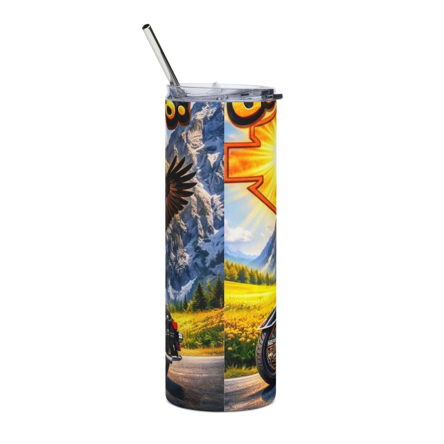 20oz Eagle Motorcycle Tumbler — Stainless Steel Travel Cup with Motorcycle & Eagle Design