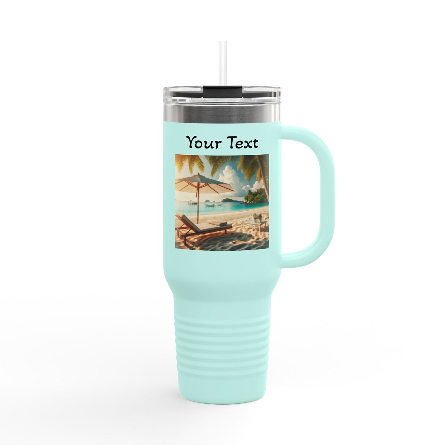 40oz Insulated Travel Mug — Tropical Beach Design (Customizable "Your Text")