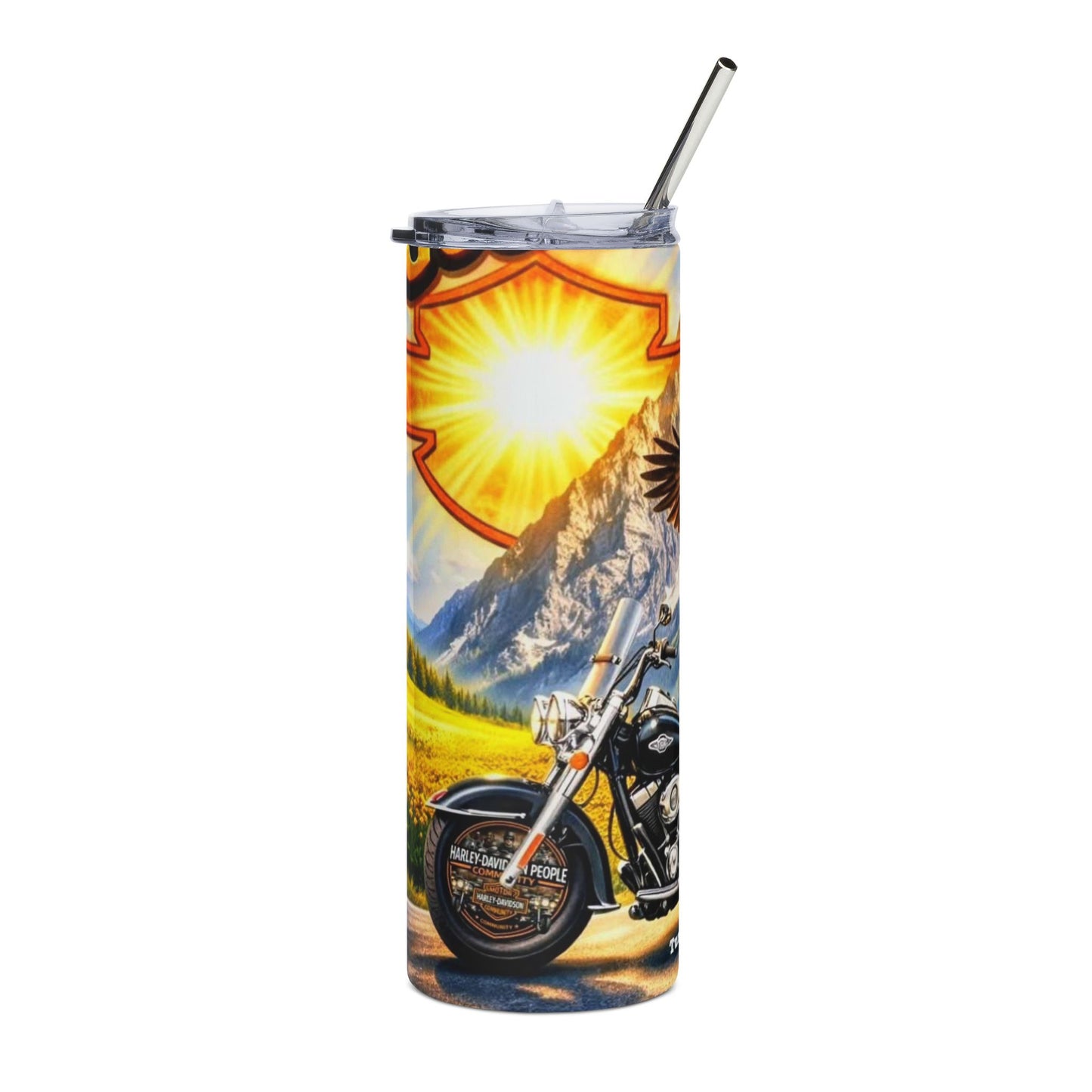 20oz Eagle Motorcycle Tumbler — Stainless Steel Travel Cup with Motorcycle & Eagle Design
