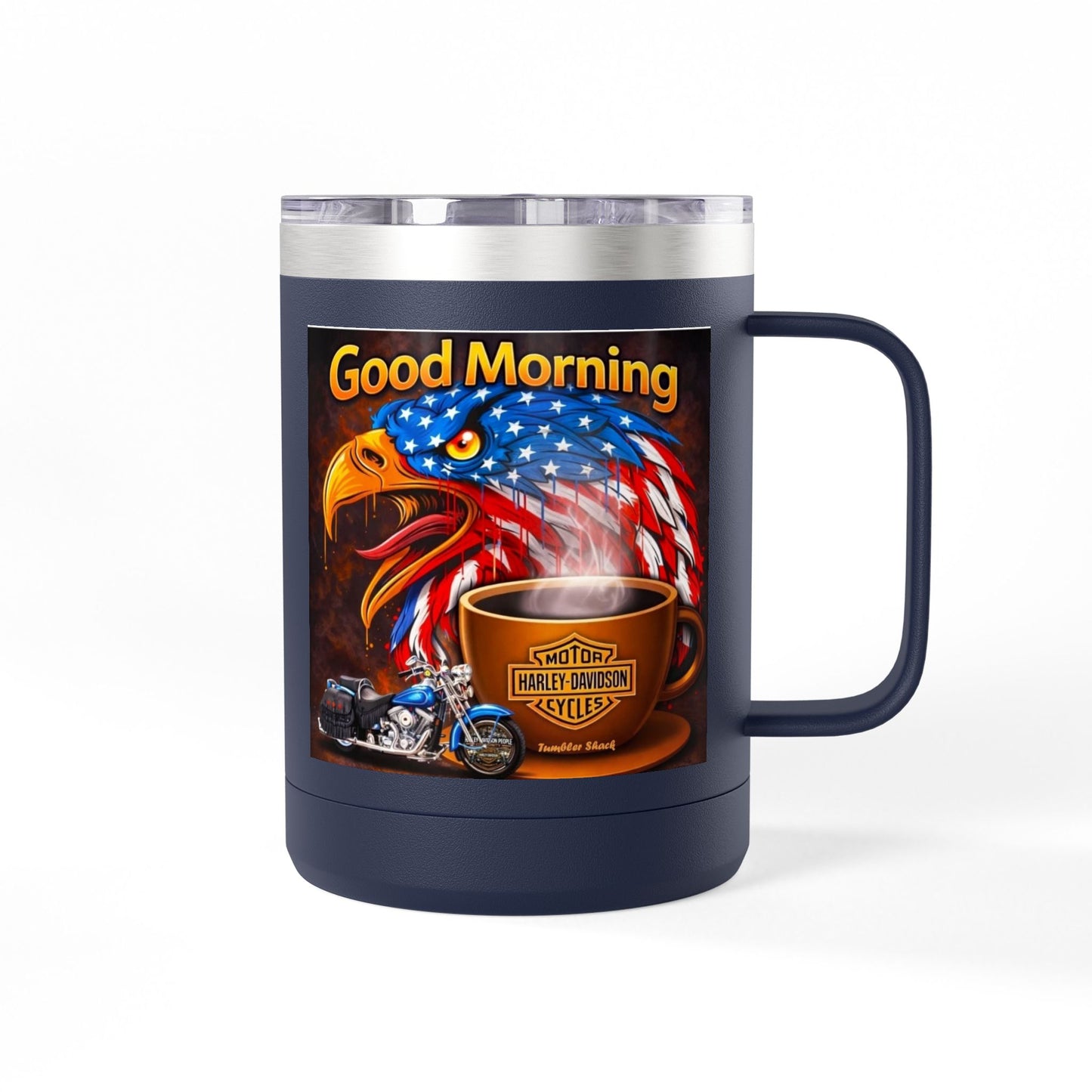 Good Morning Eagle Coffee Mug Tumbler – Patriotic American Flag Eagle with Harley Cup, 15oz