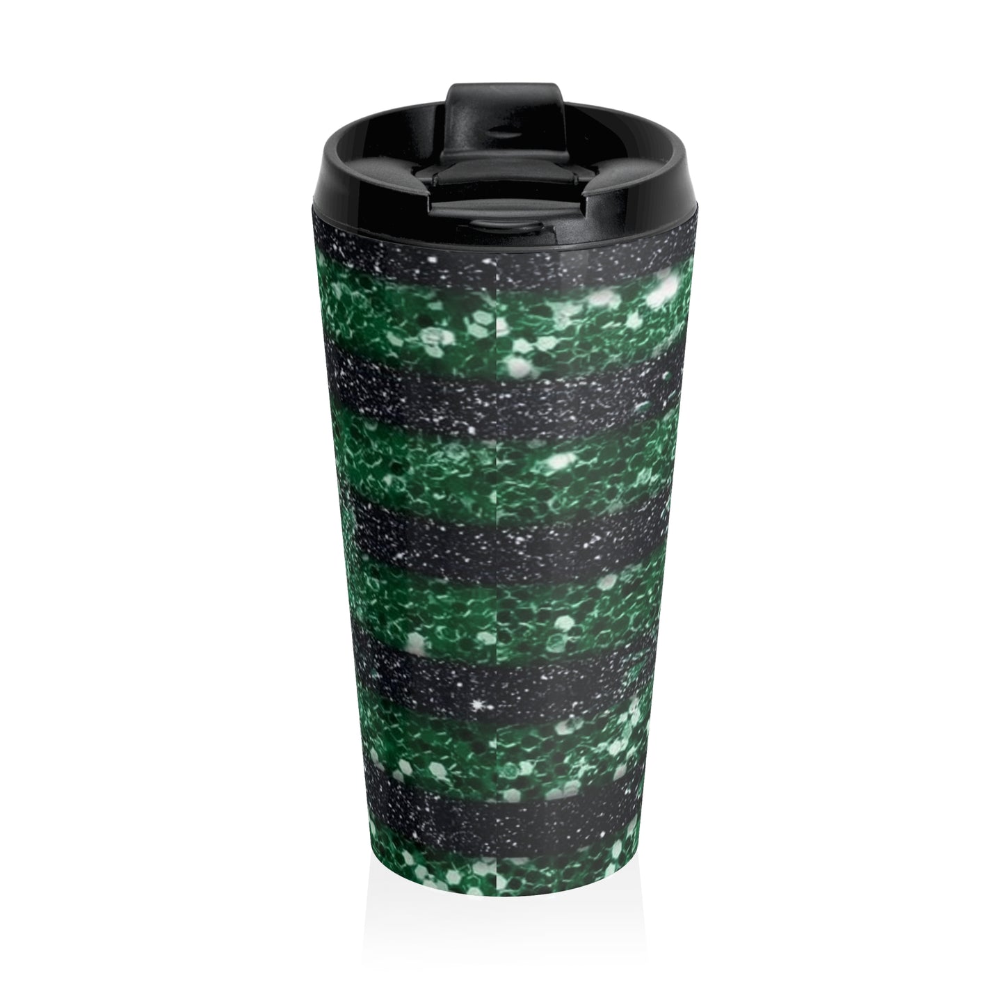 Bowling Mom Stainless Steel Travel Mug — Bowling Pins & Green Glitter Design