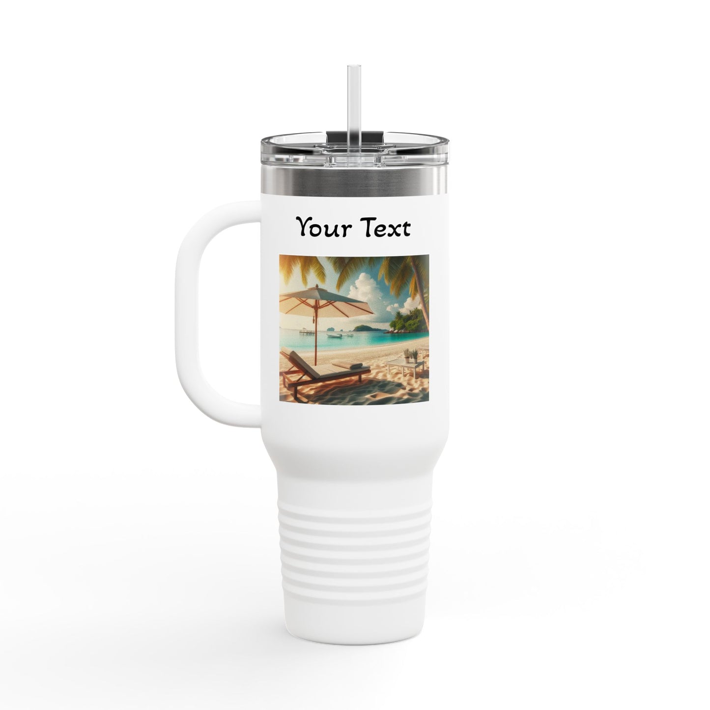 40oz Insulated Travel Mug — Tropical Beach Design (Customizable "Your Text")