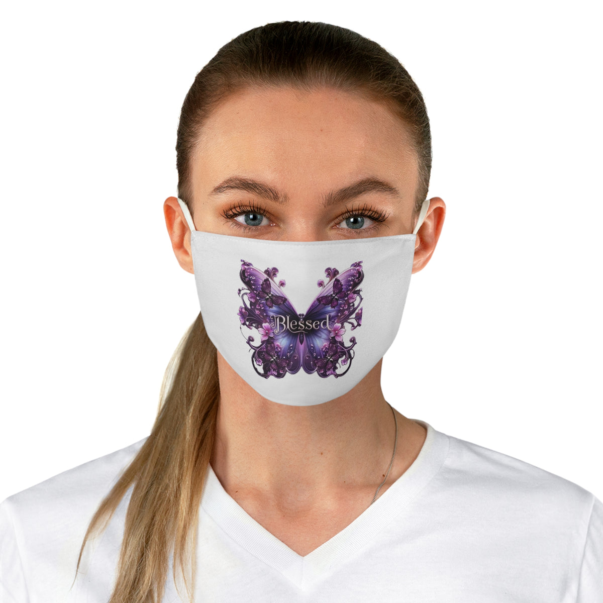 Blessed Purple Butterfly Face Mask — Floral Faith-inspired Decorative Mask