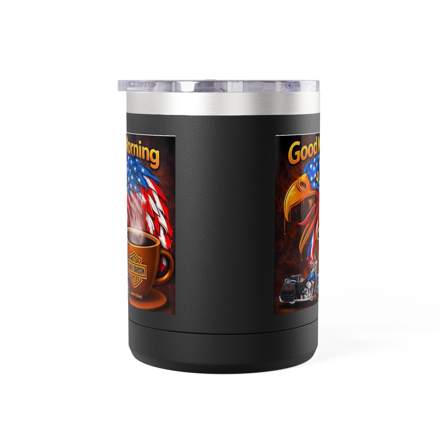 Good Morning Eagle Coffee Mug Tumbler – Patriotic American Flag Eagle with Harley Cup, 15oz