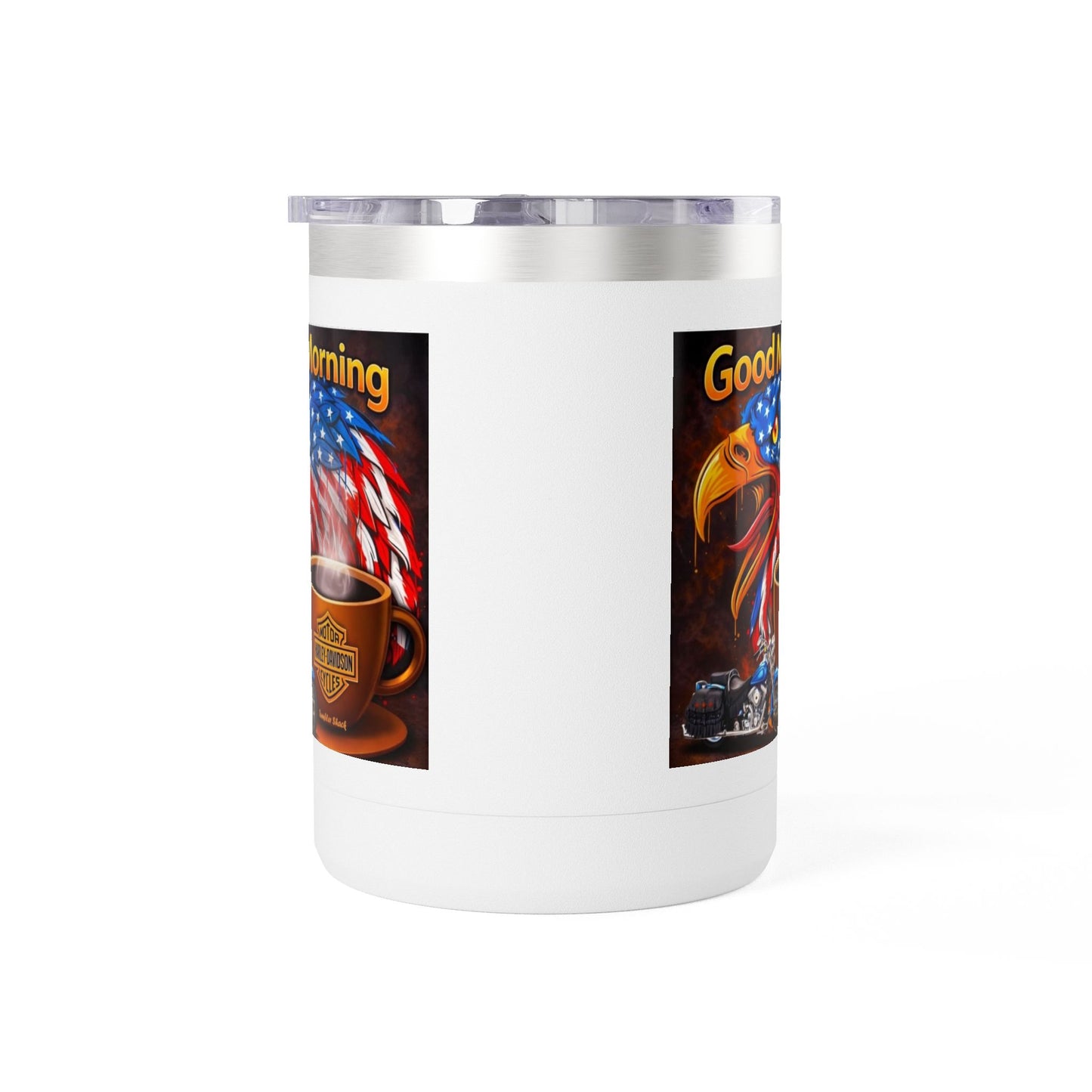 Good Morning Eagle Coffee Mug Tumbler – Patriotic American Flag Eagle with Harley Cup, 15oz