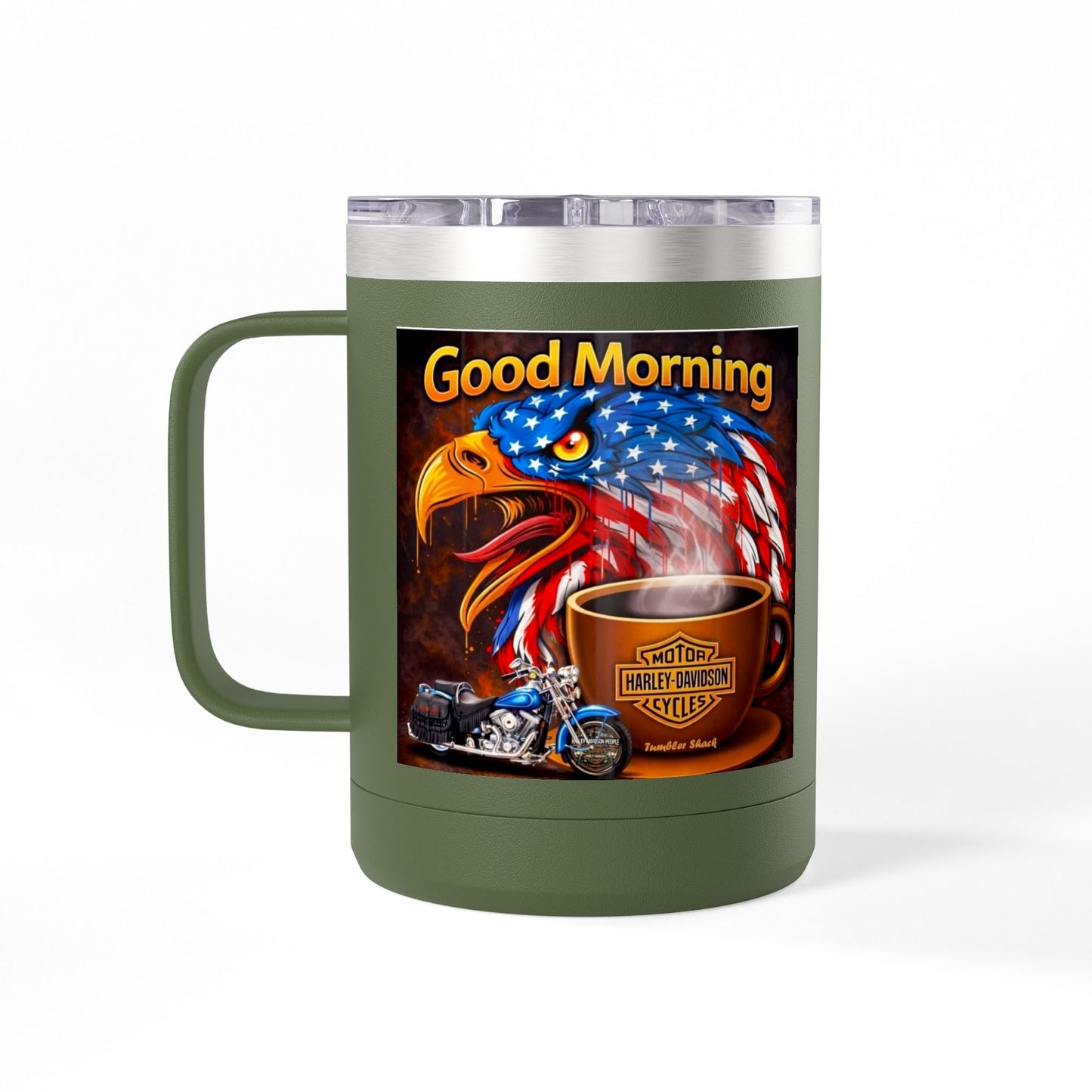 Good Morning Eagle Coffee Mug Tumbler – Patriotic American Flag Eagle with Harley Cup, 15oz