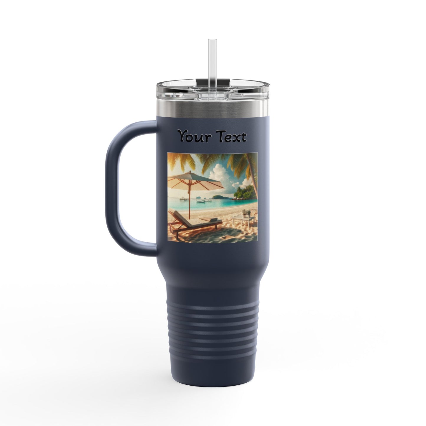 40oz Insulated Travel Mug — Tropical Beach Design (Customizable "Your Text")