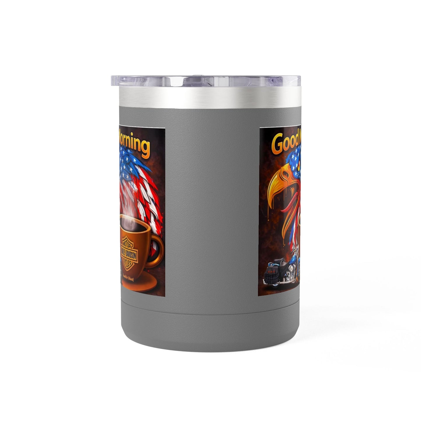 Good Morning Eagle Coffee Mug Tumbler – Patriotic American Flag Eagle with Harley Cup, 15oz