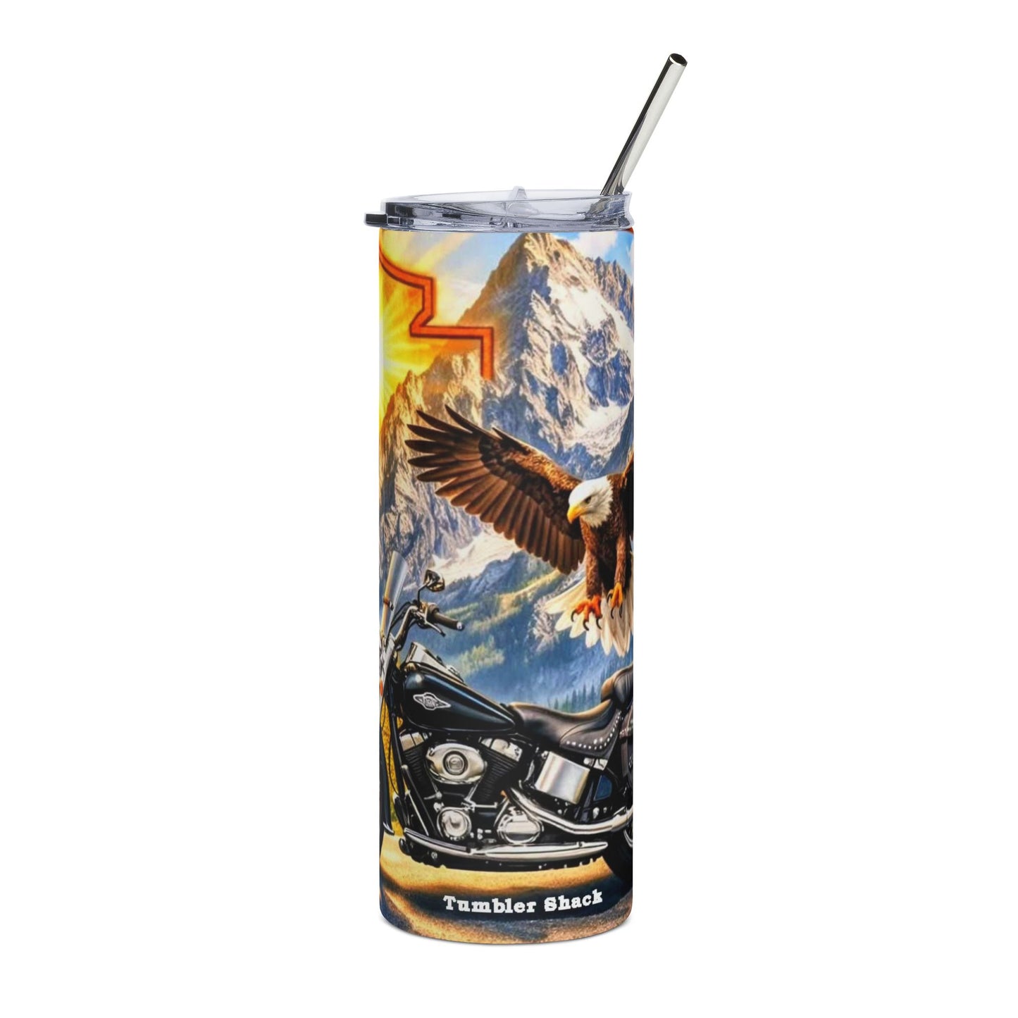 20oz Eagle Motorcycle Tumbler — Stainless Steel Travel Cup with Motorcycle & Eagle Design