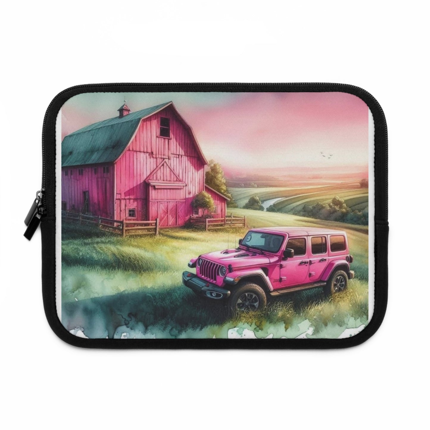 Pink Jeep Laptop Sleeve — Country Farmhouse Sunset Design