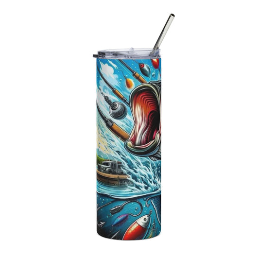 Fishing Bass Art 20oz Stainless Steel Tumbler — Lifelike Fish & Lure Design