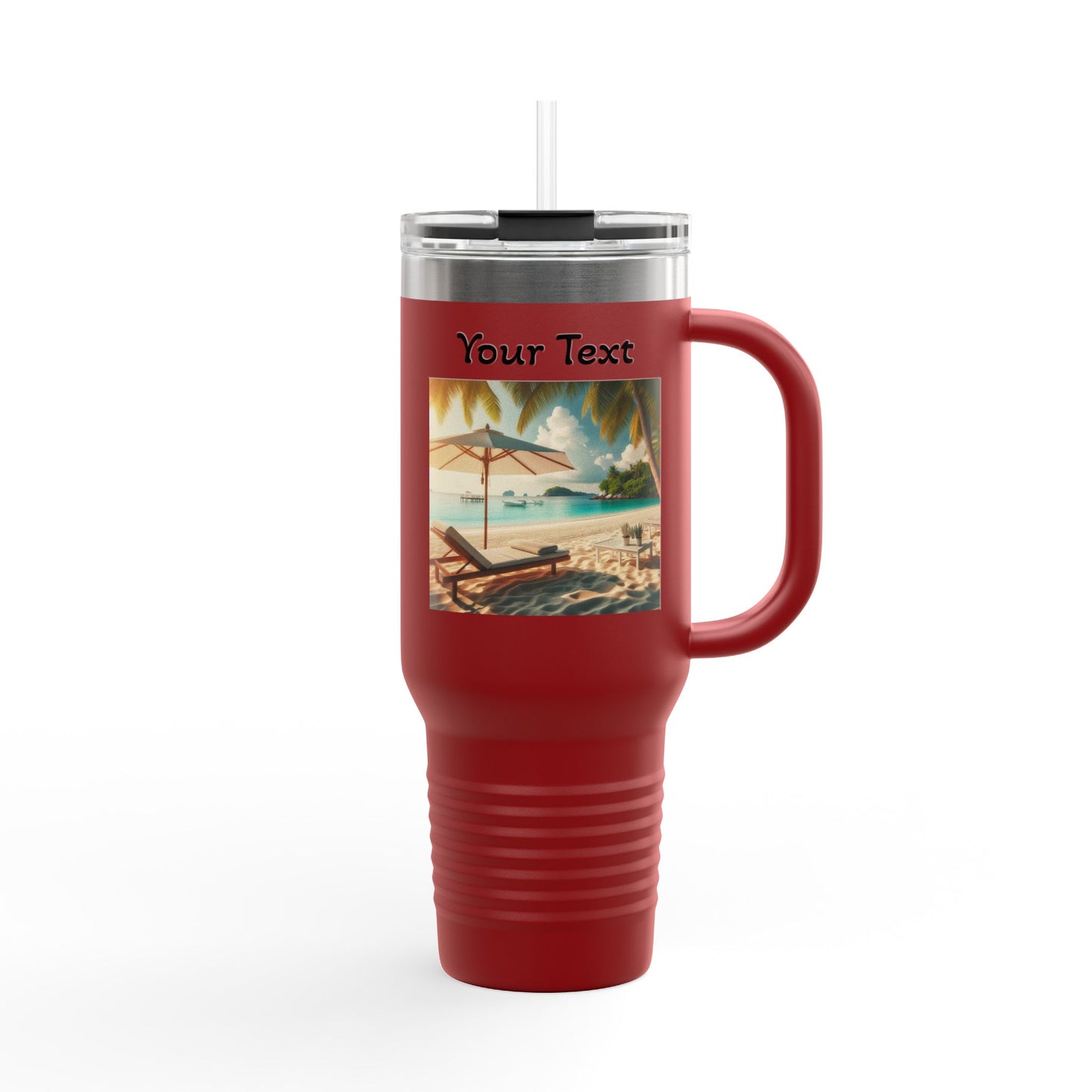 40oz Insulated Travel Mug — Tropical Beach Design (Customizable "Your Text")