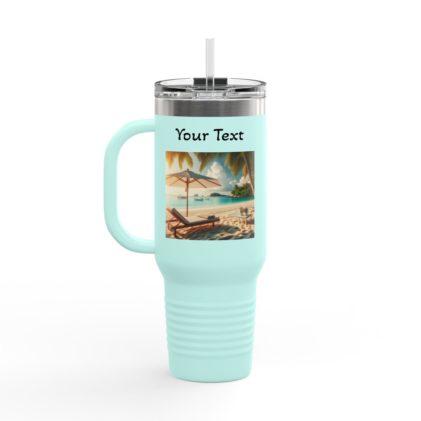 40oz Insulated Travel Mug — Tropical Beach Design (Customizable "Your Text")
