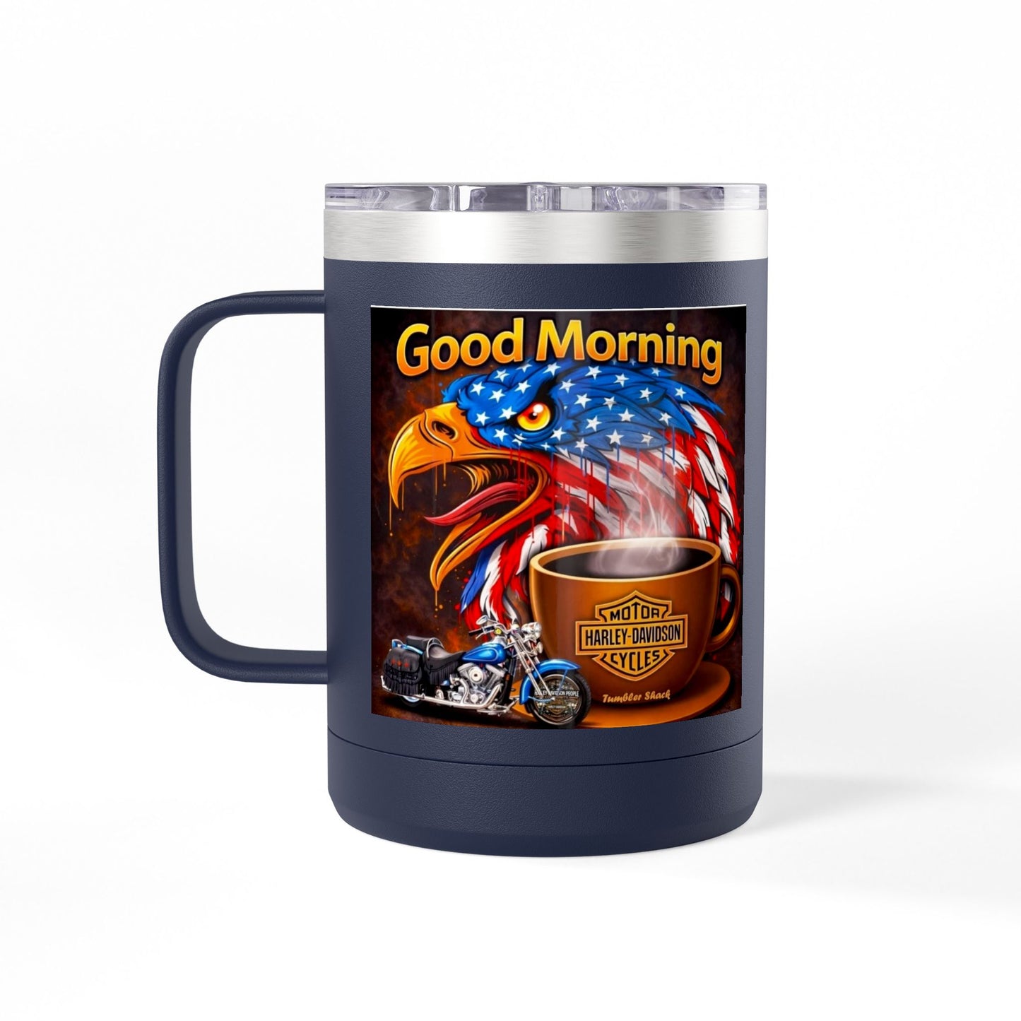 Good Morning Eagle Coffee Mug Tumbler – Patriotic American Flag Eagle with Harley Cup, 15oz