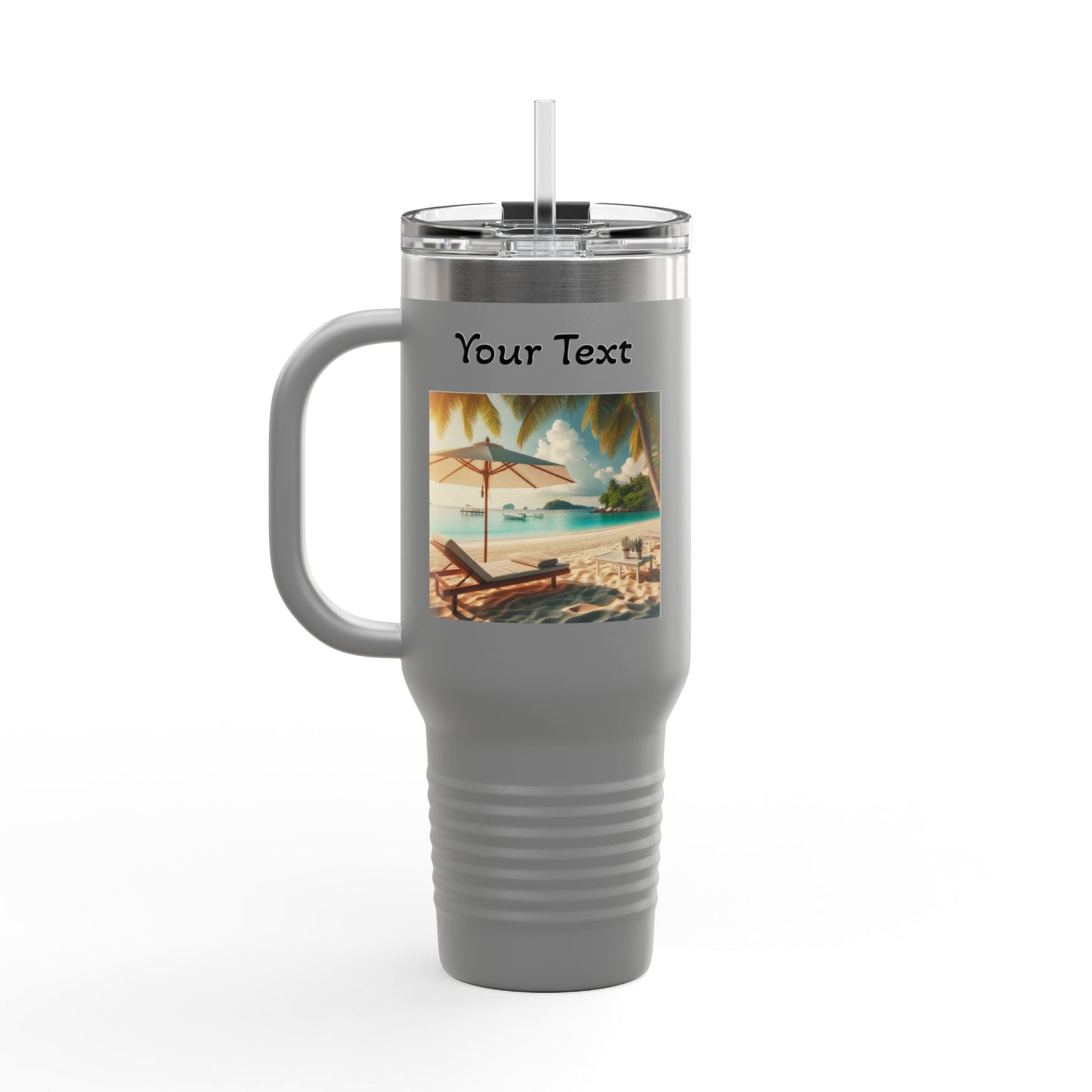 40oz Insulated Travel Mug — Tropical Beach Design (Customizable "Your Text")