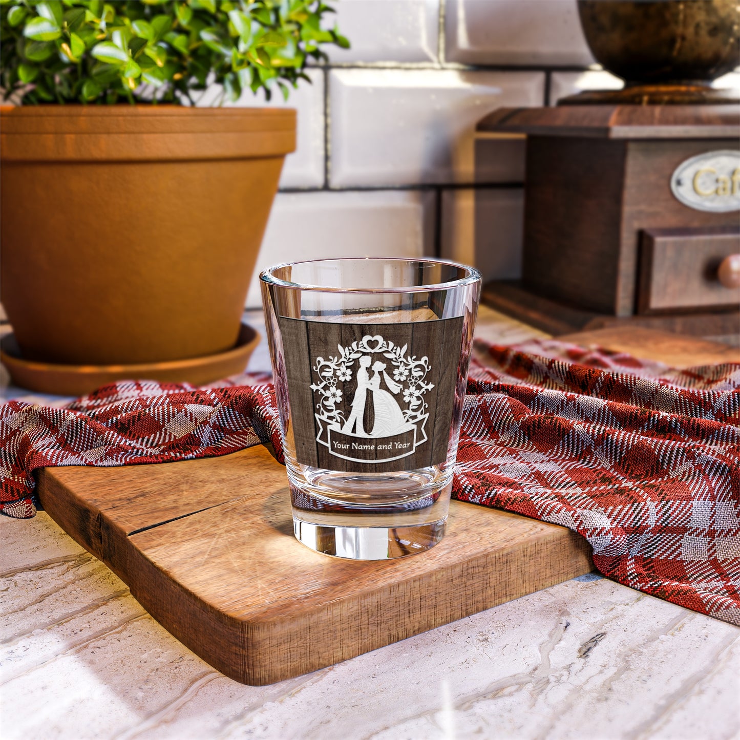 Rustic Wedding Shot Glass — Personalized "Your Name and Year" 1.5oz Favor