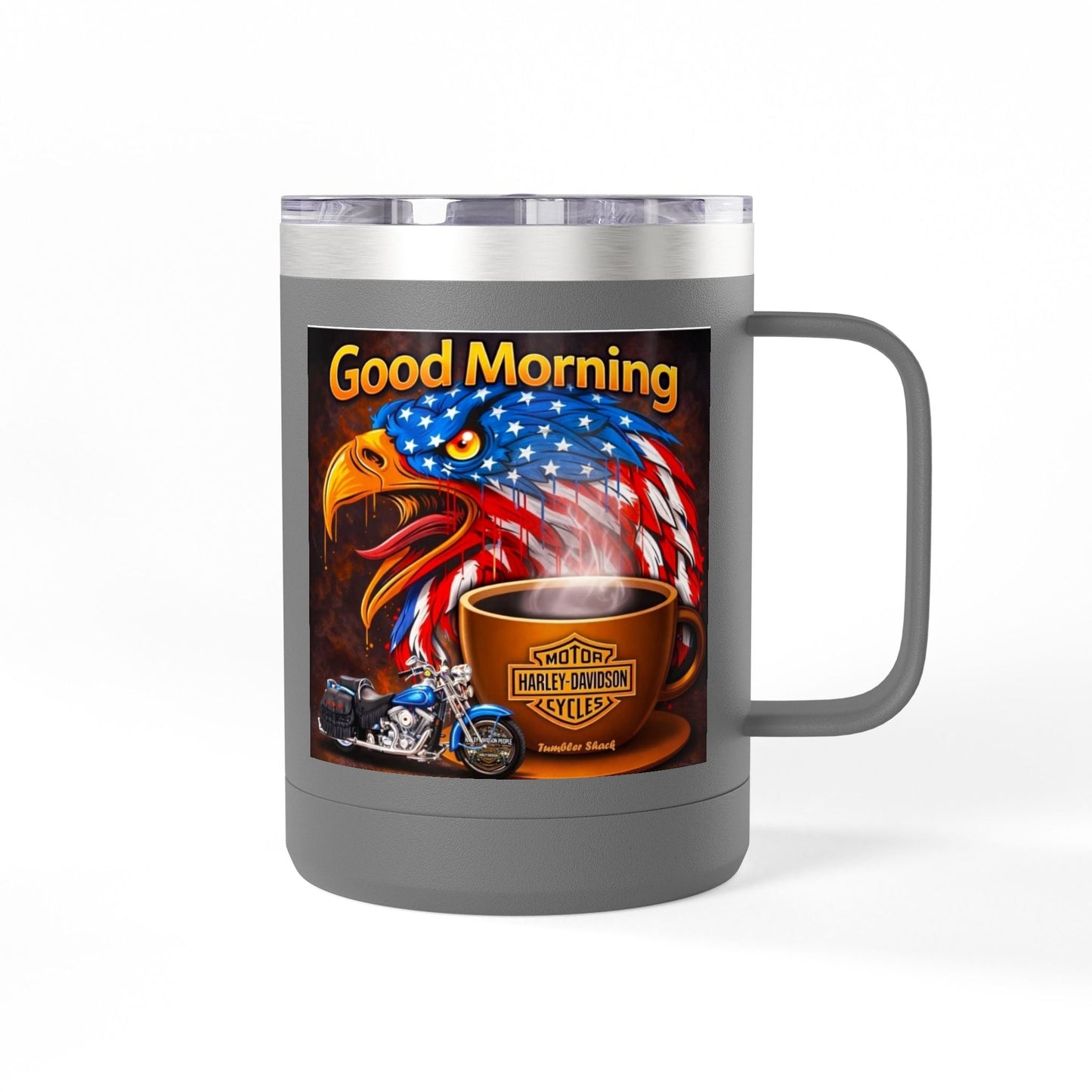 Good Morning Eagle Coffee Mug Tumbler – Patriotic American Flag Eagle with Harley Cup, 15oz