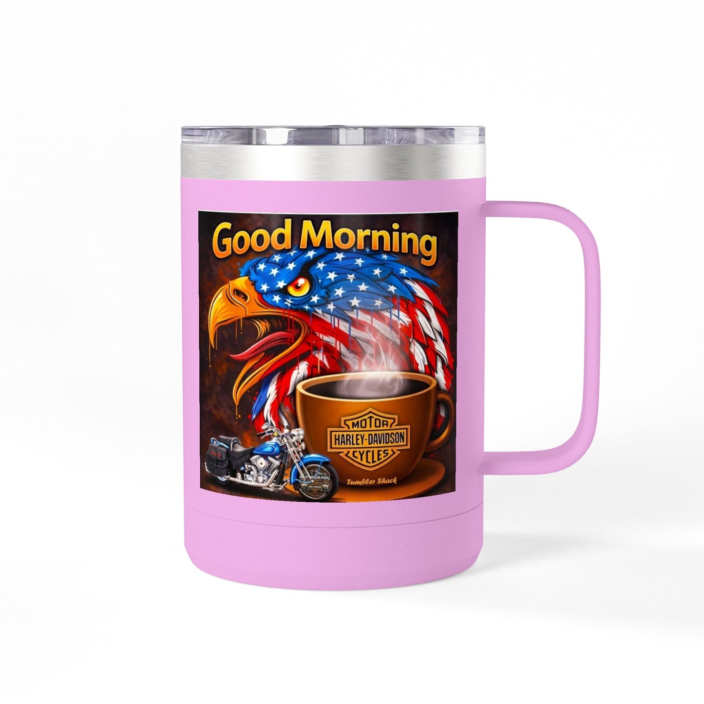 Good Morning Eagle Coffee Mug Tumbler – Patriotic American Flag Eagle with Harley Cup, 15oz