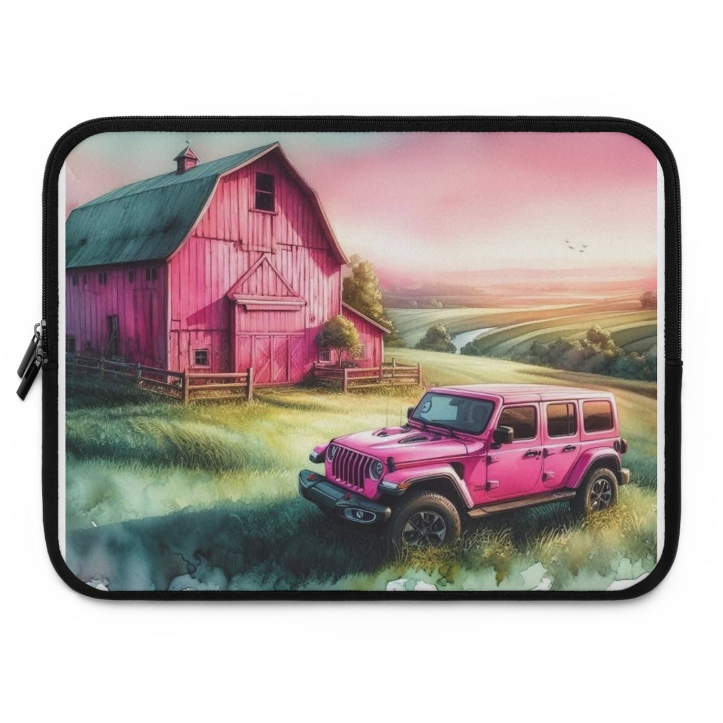 Pink Jeep Laptop Sleeve — Country Farmhouse Sunset Design