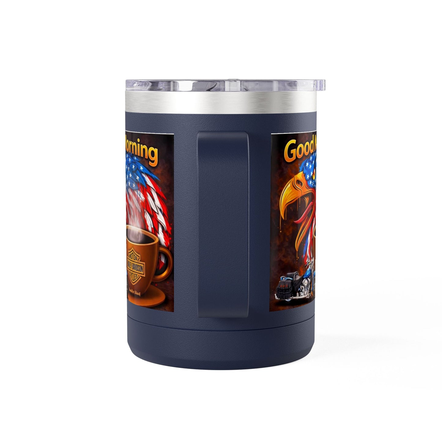 Good Morning Eagle Coffee Mug Tumbler – Patriotic American Flag Eagle with Harley Cup, 15oz