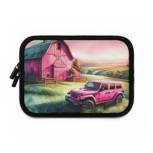 Pink Jeep Laptop Sleeve — Country Farmhouse Sunset Design