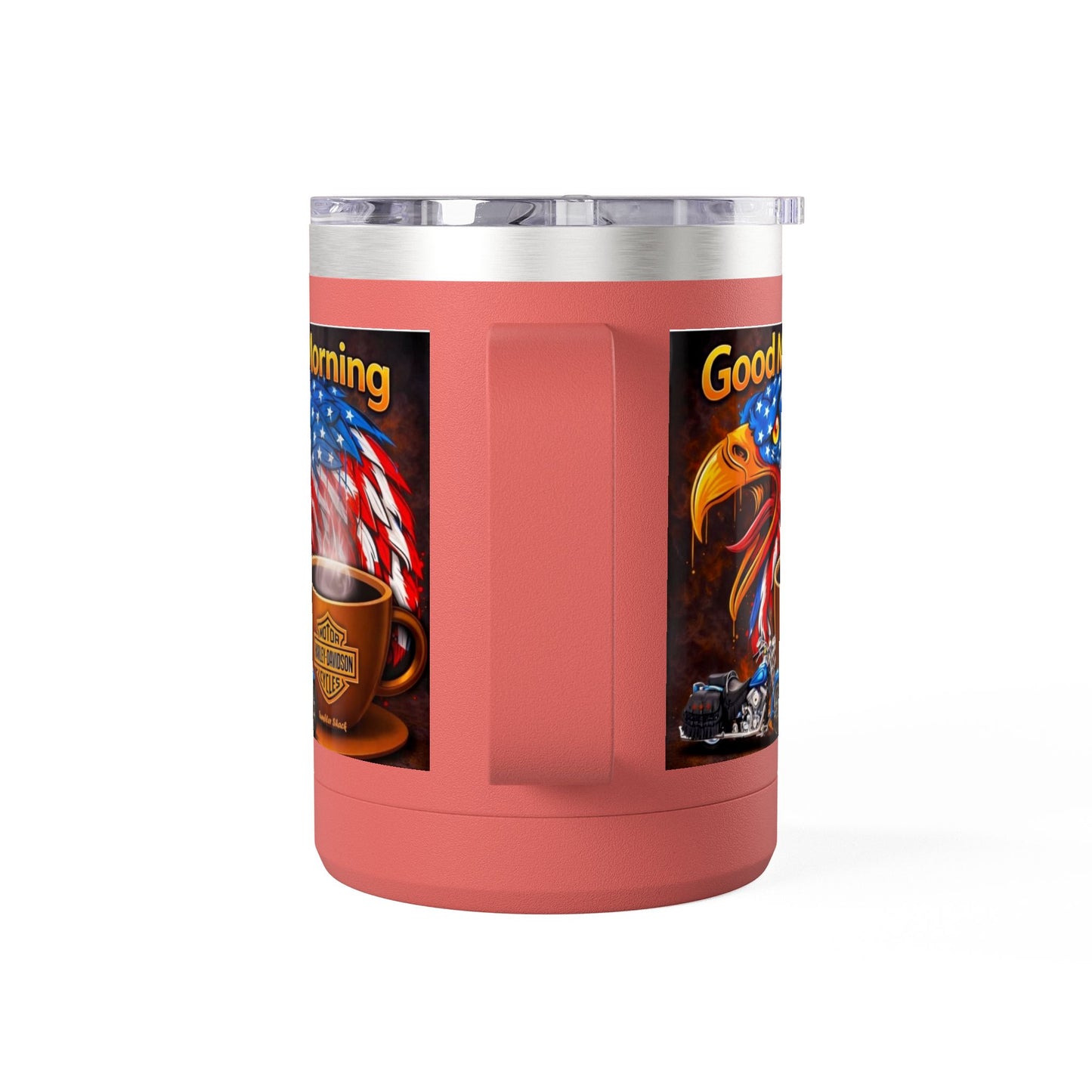 Good Morning Eagle Coffee Mug Tumbler – Patriotic American Flag Eagle with Harley Cup, 15oz