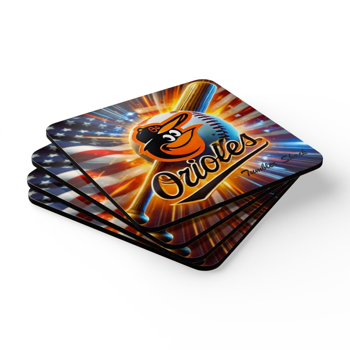 Orioles Baseball Cork Coaster Set — Patriotic Team Logo Drink Coasters (4-Pack)