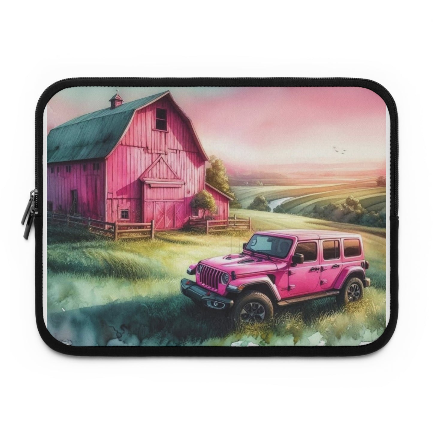 Pink Jeep Laptop Sleeve — Country Farmhouse Sunset Design