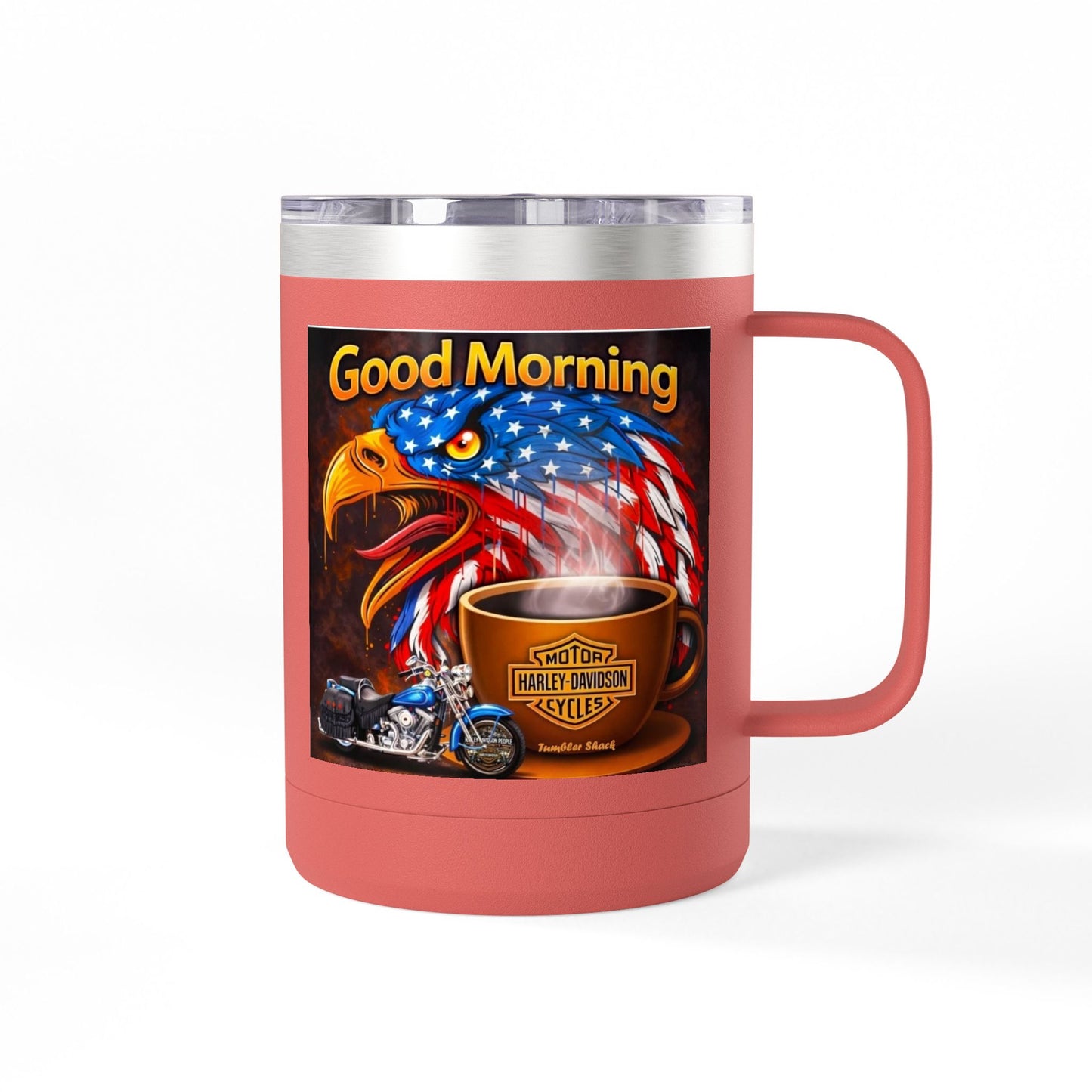Good Morning Eagle Coffee Mug Tumbler – Patriotic American Flag Eagle with Harley Cup, 15oz