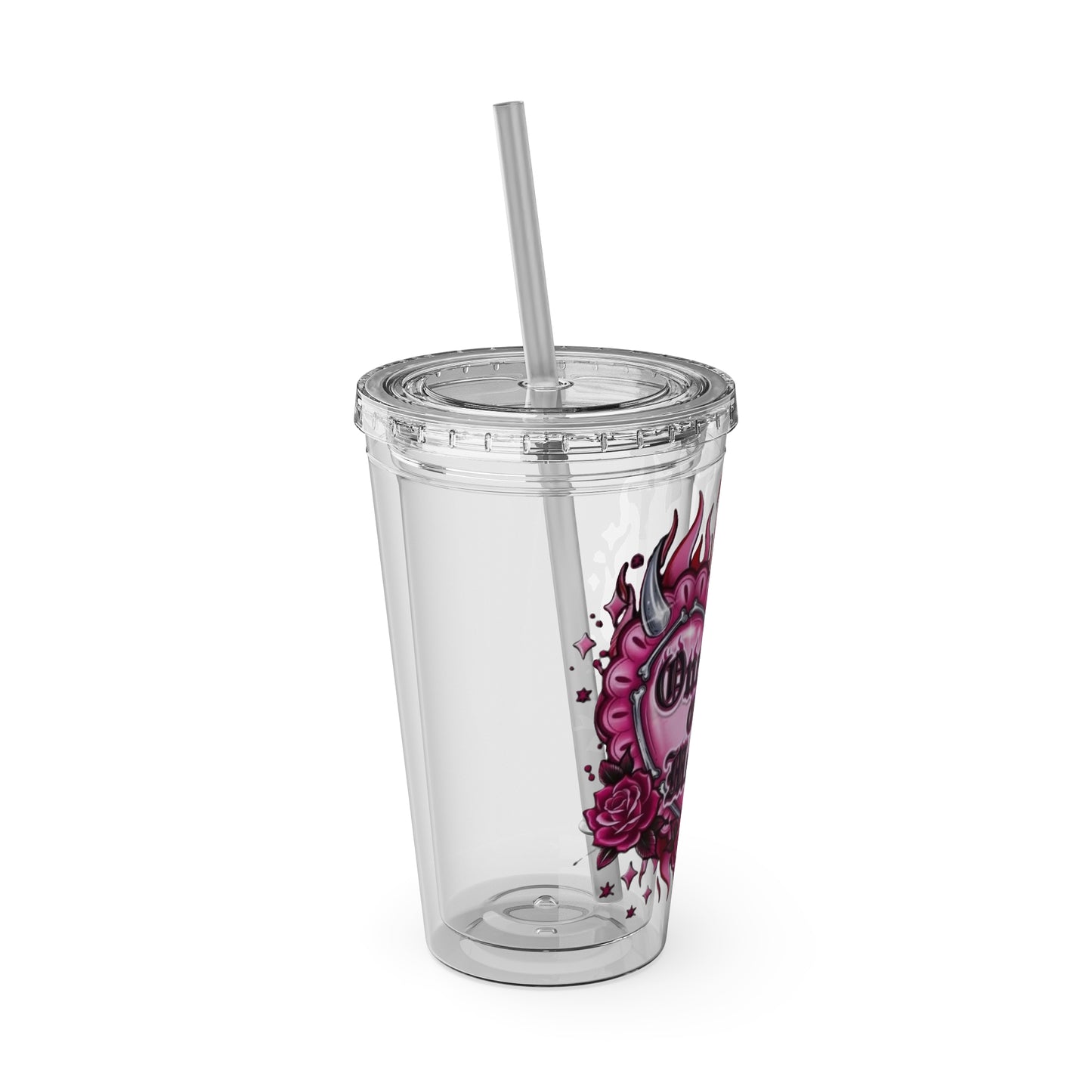 16oz Tumbler with Straw — 'One Hell of a Mother' Pink Flame Heart Design