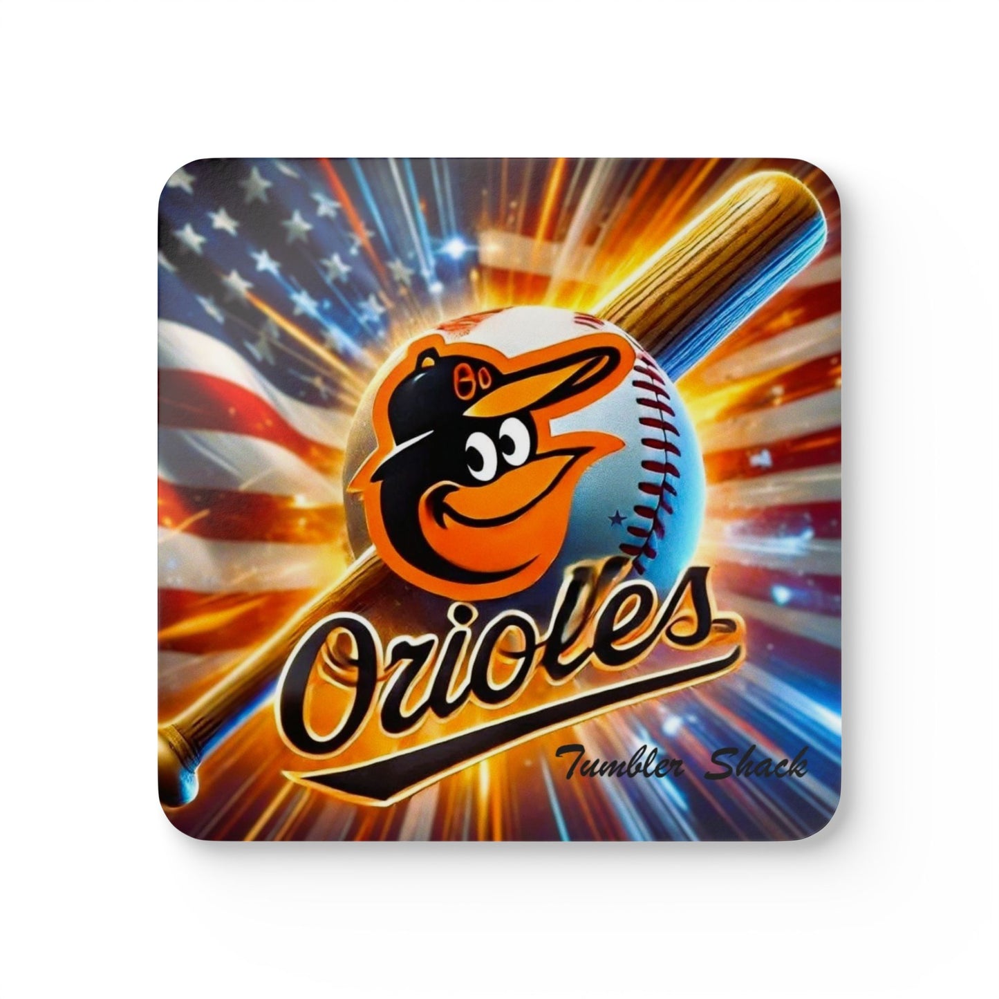 Orioles Baseball Cork Coaster Set — Patriotic Team Logo Drink Coasters (4-Pack)