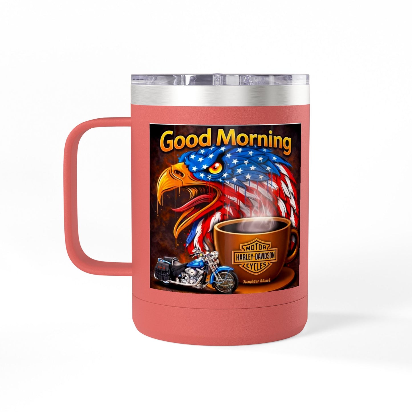 Good Morning Eagle Coffee Mug Tumbler – Patriotic American Flag Eagle with Harley Cup, 15oz