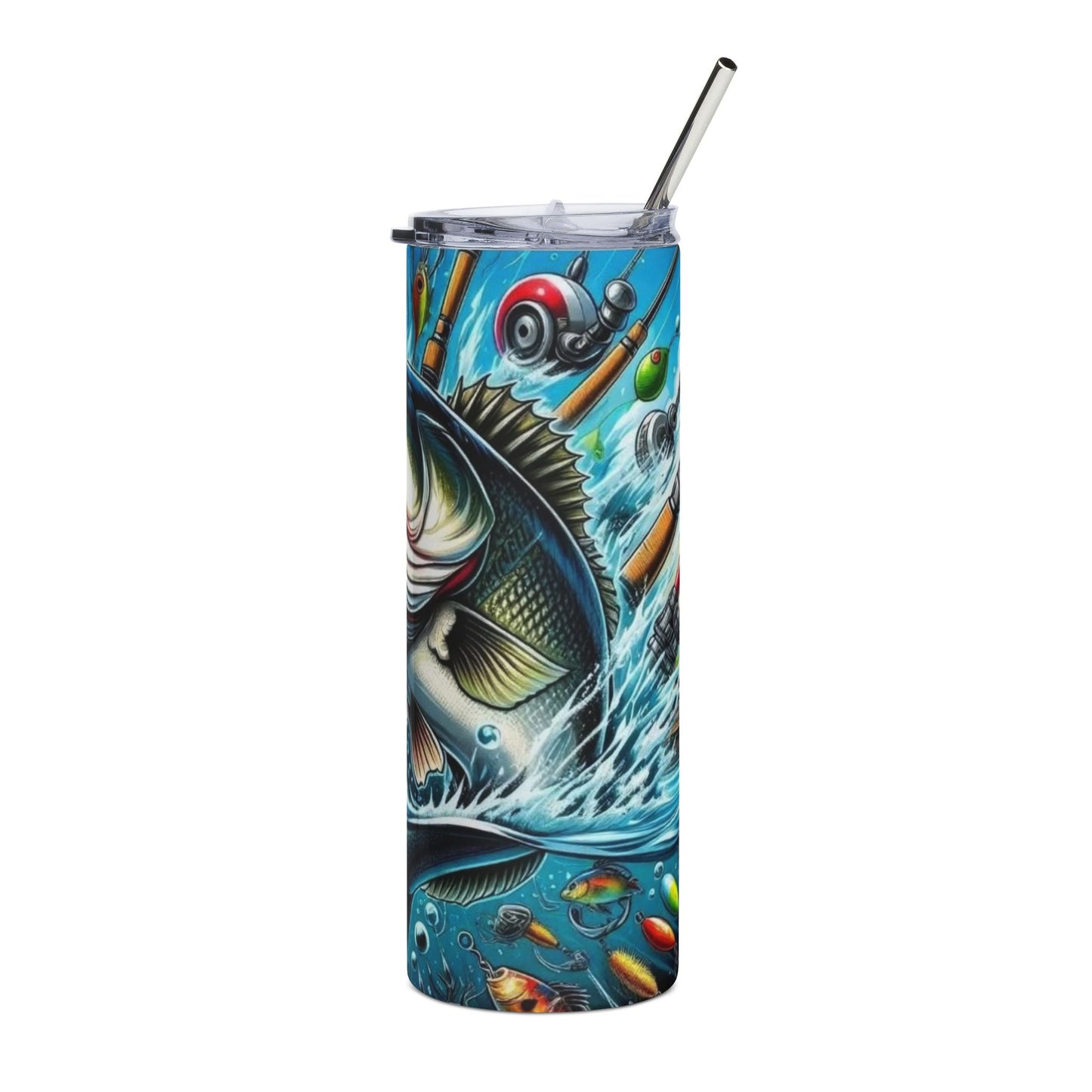 Fishing Bass Art 20oz Stainless Steel Tumbler — Lifelike Fish & Lure Design